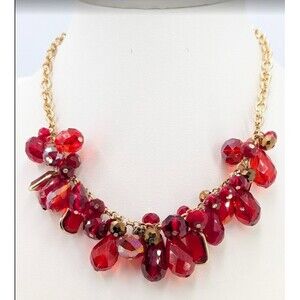 Red Glass Statement Bib Necklace Gold Tone Faceted Teardrop Cluster 21 in 63 g